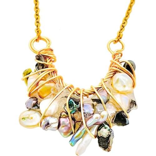 Luxury Copper Wrap Freshwater Pearl Pendant Necklace with Natural Stone Handmade Bohemian Wedding Jewelry Stainless Steel Chain