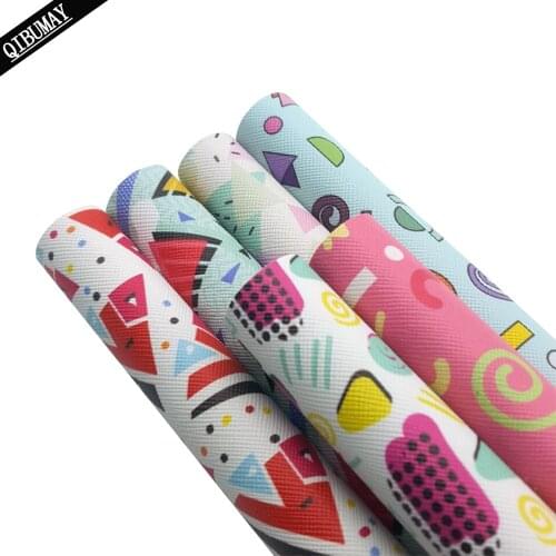 QIBU 22*30cm A4 Size Printed Baby Bow Fabric Colorful Geometry Stripe PU Leather Vinyl Fabric DIY Handbag Bows Accessories