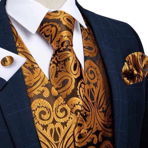 Luxury Gold Paisley Suit Vest Mens Dress Vest Necktie Set Sleeveless Jacket Groomman Wedding Waistcoat Casual Vest DiBanGu