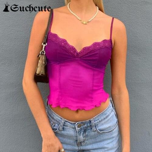SUCHCUTE Sexy V-Neck See Through Mesh Crop Tops For Women 2000s Aesthetic Lace Patchwork Fitness Camisole 2021 Party Wear