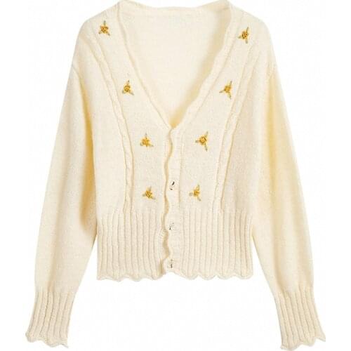 PERHAPS U Women Sweater V Neck Long Sleeve Casual Beige Floral Embroidery Cardigan M0310