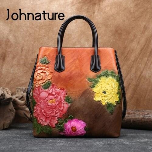 Johnature Retro Embossed Women Bucket Bag 2020 New Handmade Floral Leather Handbag Large Capacity Shoulder Messenger Bags
