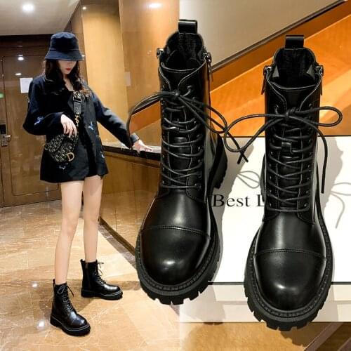 Women Motorcycle Boots Wedges Flat Shoes Woman High Heel Platform Leather Boots Lace Up Women Shoes Black Boots Girls