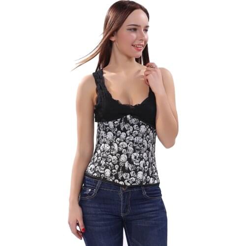 Womens Sexy Steel Boned Underbust Corsets and Bustiers With Skull Print Sexy Pirate Cosplay Costume Dancer Top Corselet XS-6XL