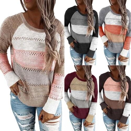 Women Knitted Sweater Long Sleeve O-Neck Autumn Winter Patchwork Color Block Knitted Sweater Hollow Out Jumper Casual Pullovers