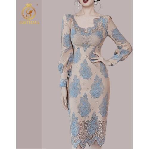 SMTHMA New Fashion Korean Chic Style Ladies Temperament Dress Womens Lace Hollow Out V-Neck Mid-Length Slim Dress Vestidos