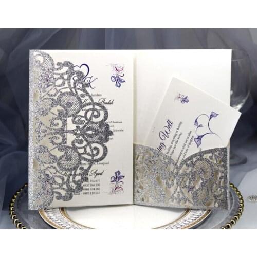 100SET/LOT Glitter Invitation Card With 2PCS Blank Inner Card Laser Cut Pattern Can Printing Words