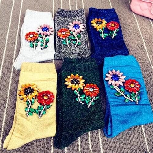 2020 Chic Cool Winter Candy Color Handmade Rhinestones Flowers Christmas Warm Knit Autumn Harajuku Socks Women