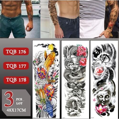 3 pcs/lot Full Arm Waterproof Color Flower Temporary Tattoo Sticker Large Arm Sleeve Fake Tattoos For Men Women Arm Leg Sticker