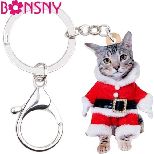 Bonsny Acrylic Christmas Sweet Suits Cat Kitten Key chains Key Rings Pets Jewelry Women Girl Charms Gift Bag Car Purse Keychains