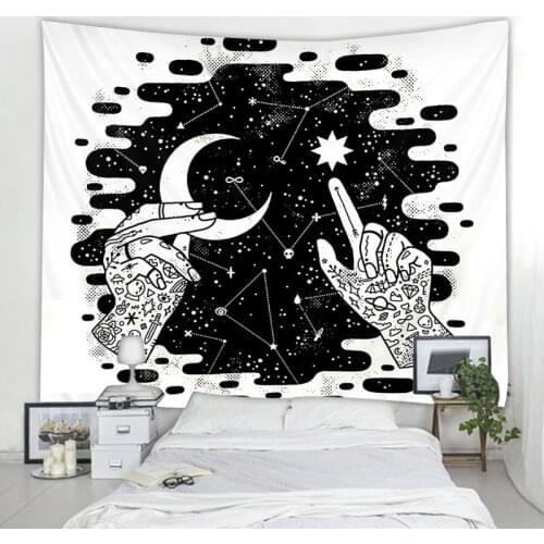 Bohemian style black and white creative tapestry rectangular bedroom bohemian moon star home decoration background decoration