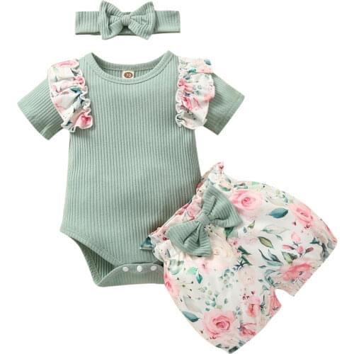 Infant Short Sleeve Romper + Shorts + Bow Headband Flower Print Ruffle Decoration Summer Clothing