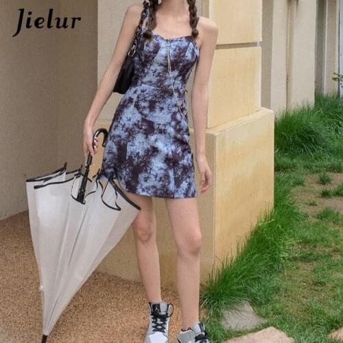 Jielur Streetwear Camisole Dress Blue A-line Printed Zipper Dress for Women Retro Tie-dye Suspender Sleeveless Dresses Femme S-L