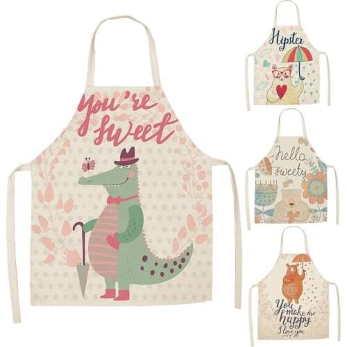 Kitchen Aprons Unisex Linen Animal Seris Bear Crocodile Print Dinner Cooking Bib Funny Pinafore Cleaning Apron WQ189