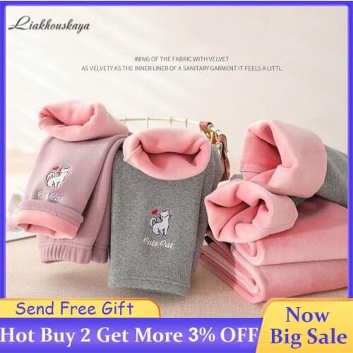 Winter Baby Girls Leggings Girls Cartoon Embroidery Leggings Velvet Thicken Warm Leggings Kids High Elasticity Skinny Leggings