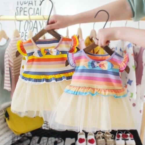 Summer Toddler Infant Girls Cotton Mesh Tutu Rainbow Striped Dresses Kids Birthday Party Clothes Baby Girl Princess Dress