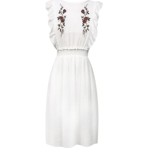 PERHAPS U White Beige Ruffle O Neck Embroidery Floral Flower Fit And Flare Tank Mini Dress Sweet Summer Empire D0416