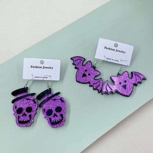 Fashion Jewelry Purple Party Halloween Gifts New Goth Punk Earrings for Women Shiny Acrylic Bat Skull Head Statement Earrings