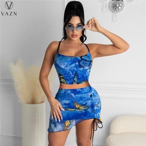 VAZN 2021 New Drawstring Retro Dress Set Young Sexy Club Spaghetti Strap Sleeveless Elements Mini Skirts Slim Women 2 Piece Set