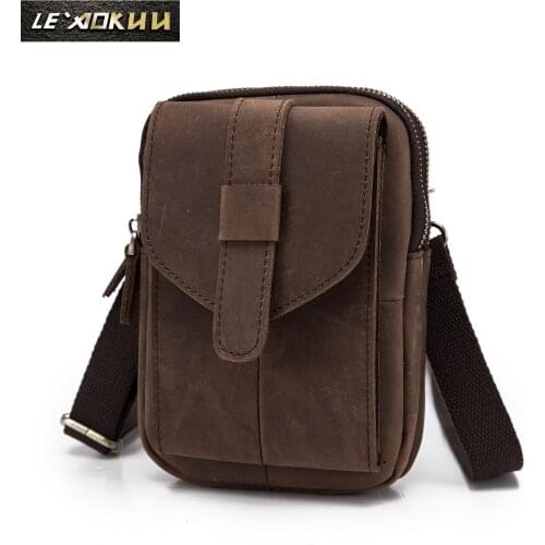 Crazy Horse Original Leather Men Design Small Crossbody Messenger Bag Travel Fanny Waist Belt Bag Pack 7" Phone Case 571-d