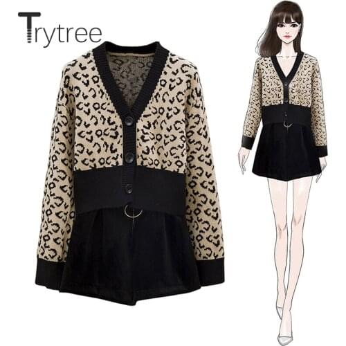 Trytree 2020 Autumn Winter Two piece set Casual V-neck Leopard Single Breasted Coat Top + Pant Black Zipper Set 2 Piece Set