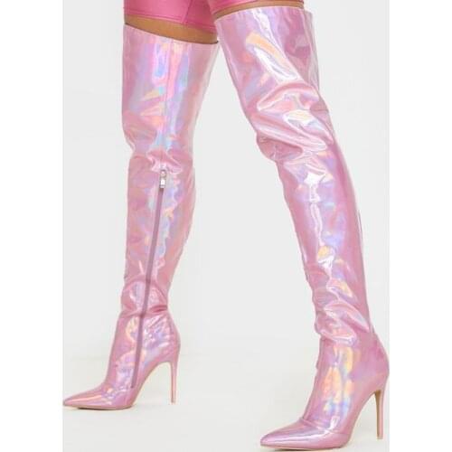 Pink Laser Shiny Thigh High Boots Over The Knee Sexy Pointed Toe Winter Stylish Boots Top Quality Customized Runway Shoes