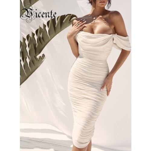 VC All Free Shipping Hot New Trendy Off The Shoulder Drape Design Slash Neck Celebrity Party Knee Length Bandage Dress