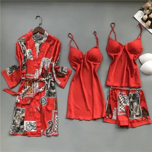 2020 Spring Autumn Women Silk Pajamas Sets With Chest Pads Flower Print Pijama Sleepwear 4 Pieces Spaghetti Strap Satin Pyjamas