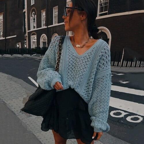 Oversized Knitted Blue Pullovers Sweater Female Vintage Solid V Neck Sweater Jumper Autumn Winter Tops Casual Cozy Sweater 2021
