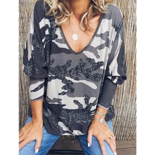2019 Women T-shirt Plus Size Long Sleeve Autumn Fashion V-neck Print Elegant Shirt Loose Streetwear Tops Blusa 5XL