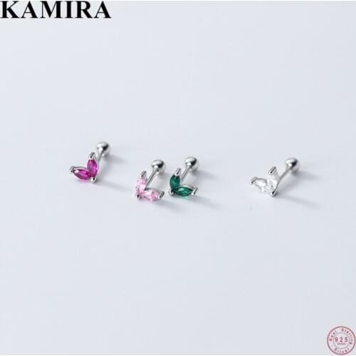 KAMIRA 925 Sterling Silver Cute Luxury Colorful Zircon Leaf Bead Piercing Stud Earrings for Women Teen Small Mini Unique Jewelry