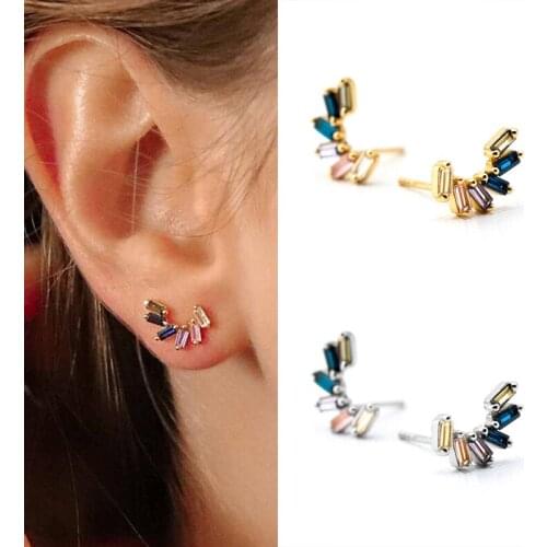 925 Silver Ear Needle Stud Earrings for Women Fashion Exquisite Small Tiny CZ Rainbow Crystal Earrings Females Party Jewelry