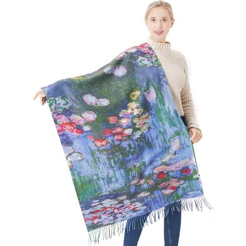 Soft Cashmere Scarf for Women Winter Warm Pashmina Shawl Ladies Digital Print Water Lily Wrap Outdoor Cape Blankets with Tassles