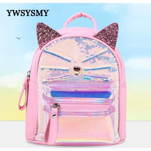 Mini Backpack Women Sequin Leather Shoulder Bags Kids Backpack Kindergarten Toddler Girls School Bags Cute Cat Small Backpacks