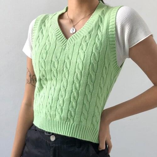 Women Sweater Vest Y2K Tank Top Vintage Cropped Vest Slim Sleeveless Sweater Female V Neck Solid Knit Jumper Streetwear
