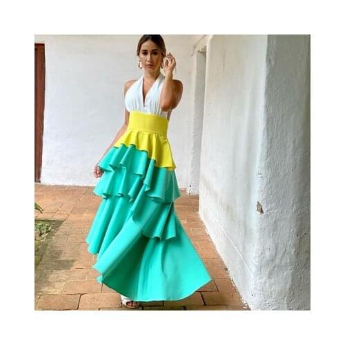 Fashion High Low Tiered Ruffle Long Dress Women Beach Style Candy Color Splicing Dresses Sexy Deep V-Neck Halter Backless Design