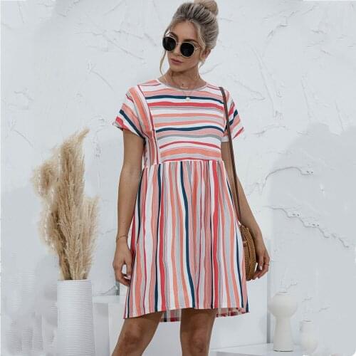 Summer Women Casual O Neck Short Sleeve Dress New Fashion Stripe Patchwork Pleated High Waist A-Line Pullover Mini Dresses Femme