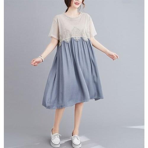 Women Loose Casual Dress New 2021 Summer Korean Simple Style Patchwork Color Lace Ladies Elegant Knee-length Dresses S2802