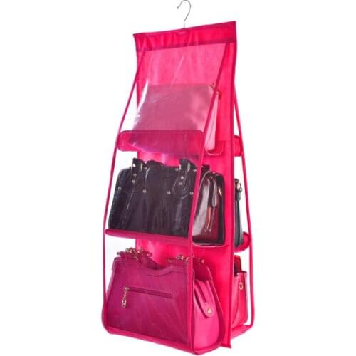 1Pc New 6 Pocket Hanging Handbag Organizer Double Side Transparent Foldable Backpack Shoe Closet Rack Storage Bag