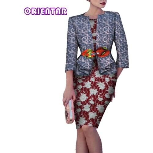 2020 Elegant Women African Dress with Coat Bazin Riche African Print Cotton African Lace Dress Lady Office Short Dresses WY5944