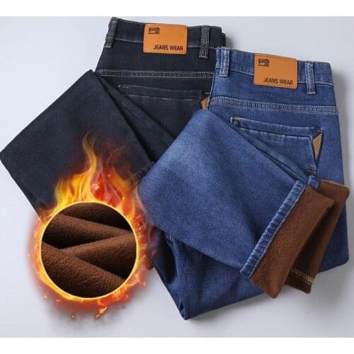2021 Warm Flocking Jeans Business Casual Stretch Jean Classic Trousers Jeans Black Color Fleece Autumn Winter Jeans