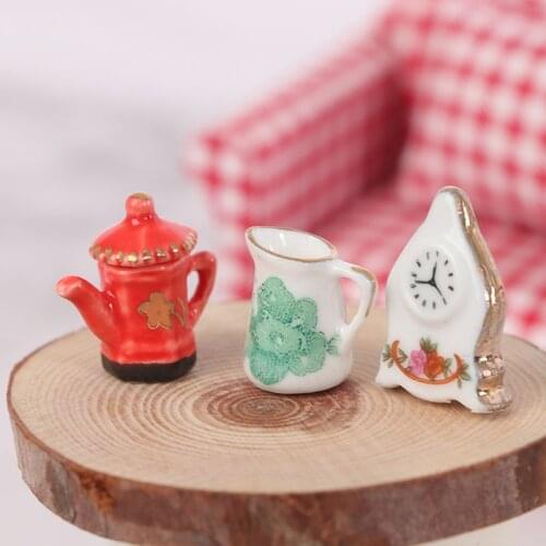 3pcs/set Dollhouse Miniature Floral Pattern Teapot +Clock Set Kitchen Furniture