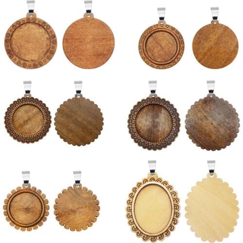 6pcs Wood Trays Bezel Blank Charm Stainless Steel Hook fit 25mm 30mm Cabochon Pendant Base Setting Necklace DIY Jewelry Making