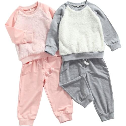 2 Pieces Kids Suit Set, Toddler Solid Color O-Neck Long Sleeve Tops+ Trousers with Pockets for Girls, Pink/Gray