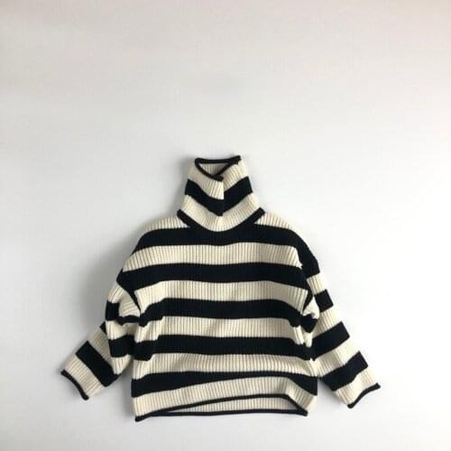 Autumn and winter high-necked childrens pullover wool long-sleeved forest striped sweater boys black and white sweater