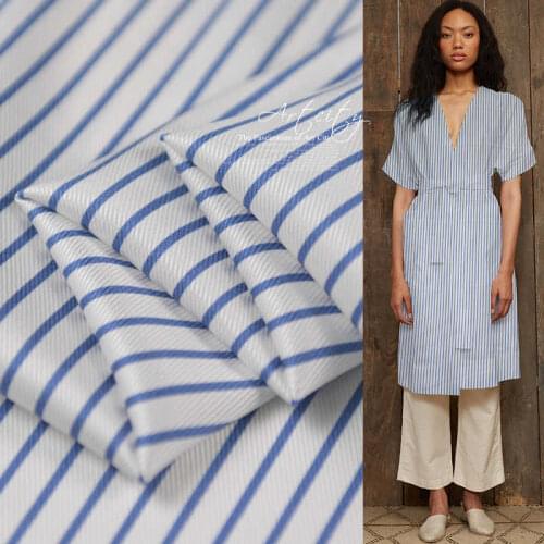 1 Meter Heavy 25 Momme Blue White Striped Elastic Twill Satin 95% Silk Fabric 5% Spandex