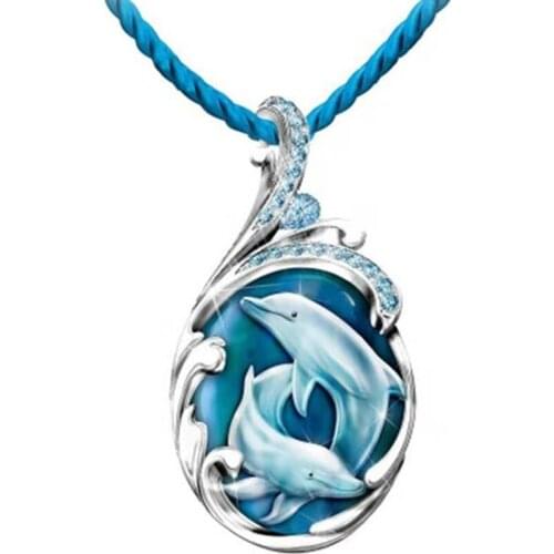 Exquisite blue drop-shaped glass dolphin pattern necklace fashion trend wild luxury gorgeous ladies gifts jewelry accessories