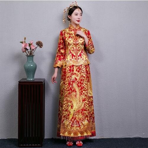 Classic Straight Skirt Cheongsam Marriage Suit Embroidery Phoenix Chinese Wedding Dress Traditional Qipao Ancient Vestidos