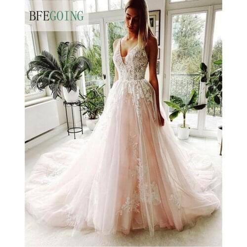 Ivory Lace Pink Satin V-Neck Sleeveless Floor-Length Princess A-Line Wedding Dresses Chapel Train Custom Made