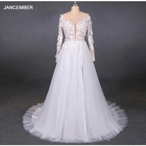 LSDZ22 JANCEMBER White Simple Attractive V-Neck Long Sleeve Tulled Wedding Dress 2020 A-Line Button With Back Appliques